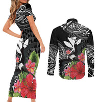 Hawaii Iwa Bird Couples Matching Short Sleeve Bodycon Dress and Long Sleeve Button Shirt Great Frigatebird Kanaka Tropical Flowers - Polynesian Pride