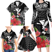 Hawaii Iwa Bird Family Matching Long Sleeve Bodycon Dress and Hawaiian Shirt Great Frigatebird Kanaka Tropical Flowers - Polynesian Pride