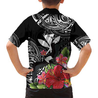 Hawaii Iwa Bird Family Matching Off Shoulder Short Dress and Hawaiian Shirt Great Frigatebird Kanaka Tropical Flowers - Polynesian Pride