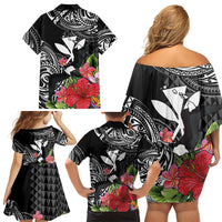 Hawaii Iwa Bird Family Matching Off Shoulder Short Dress and Hawaiian Shirt Great Frigatebird Kanaka Tropical Flowers - Polynesian Pride