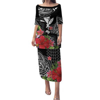 Hawaii Iwa Bird Puletasi Great Frigatebird Kanaka Tropical Flowers LT14 Long Dress Black - Polynesian Pride