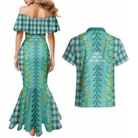 Teal Palaka Hawaii Iwa Bird Couples Matching Mermaid Dress and Hawaiian Shirt Hawaiian Kakau Jade Vine Lei - Polynesian Pride