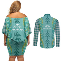 Teal Palaka Hawaii Iwa Bird Couples Matching Off Shoulder Short Dress and Long Sleeve Button Shirt Hawaiian Kakau Jade Vine Lei - Polynesian Pride
