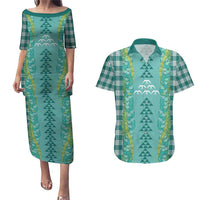 Teal Palaka Hawaii Iwa Bird Couples Matching Puletasi and Hawaiian Shirt Hawaiian Kakau Jade Vine Lei - Polynesian Pride