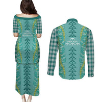 Teal Palaka Hawaii Iwa Bird Couples Matching Puletasi and Long Sleeve Button Shirt Hawaiian Kakau Jade Vine Lei - Polynesian Pride