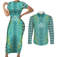 Teal Palaka Hawaii Iwa Bird Couples Matching Short Sleeve Bodycon Dress and Long Sleeve Button Shirt Hawaiian Kakau Jade Vine Lei - Polynesian Pride