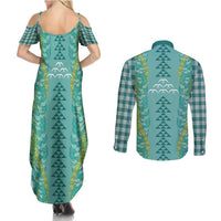 Teal Palaka Hawaii Iwa Bird Couples Matching Summer Maxi Dress and Long Sleeve Button Shirt Hawaiian Kakau Jade Vine Lei - Polynesian Pride