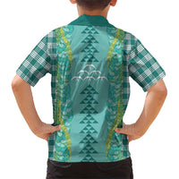 Teal Palaka Hawaii Iwa Bird Family Matching Long Sleeve Bodycon Dress and Hawaiian Shirt Hawaiian Kakau Jade Vine Lei - Polynesian Pride