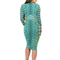 Teal Palaka Hawaii Iwa Bird Family Matching Long Sleeve Bodycon Dress and Hawaiian Shirt Hawaiian Kakau Jade Vine Lei - Polynesian Pride