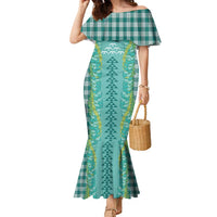 Teal Palaka Hawaii Iwa Bird Family Matching Mermaid Dress and Hawaiian Shirt Hawaiian Kakau Jade Vine Lei - Polynesian Pride
