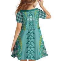 Teal Palaka Hawaii Iwa Bird Family Matching Off The Shoulder Long Sleeve Dress and Hawaiian Shirt Hawaiian Kakau Jade Vine Lei - Polynesian Pride