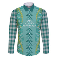 Teal Palaka Hawaii Iwa Bird Family Matching Off The Shoulder Long Sleeve Dress and Hawaiian Shirt Hawaiian Kakau Jade Vine Lei - Polynesian Pride