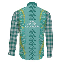 Teal Palaka Hawaii Iwa Bird Family Matching Off The Shoulder Long Sleeve Dress and Hawaiian Shirt Hawaiian Kakau Jade Vine Lei - Polynesian Pride