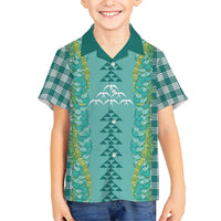Teal Palaka Hawaii Iwa Bird Family Matching Off The Shoulder Long Sleeve Dress and Hawaiian Shirt Hawaiian Kakau Jade Vine Lei - Polynesian Pride