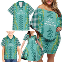 Teal Palaka Hawaii Iwa Bird Family Matching Off Shoulder Short Dress and Hawaiian Shirt Hawaiian Kakau Jade Vine Lei - Polynesian Pride
