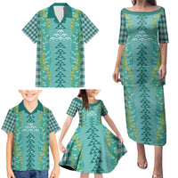 Teal Palaka Hawaii Iwa Bird Family Matching Puletasi and Hawaiian Shirt Hawaiian Kakau Jade Vine Lei - Polynesian Pride