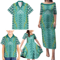 Teal Palaka Hawaii Iwa Bird Family Matching Puletasi and Hawaiian Shirt Hawaiian Kakau Jade Vine Lei - Polynesian Pride