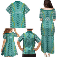 Teal Palaka Hawaii Iwa Bird Family Matching Puletasi and Hawaiian Shirt Hawaiian Kakau Jade Vine Lei - Polynesian Pride
