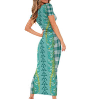 Teal Palaka Hawaii Iwa Bird Family Matching Short Sleeve Bodycon Dress and Hawaiian Shirt Hawaiian Kakau Jade Vine Lei - Polynesian Pride