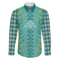 Teal Palaka Hawaii Iwa Bird Family Matching Tank Maxi Dress and Hawaiian Shirt Hawaiian Kakau Jade Vine Lei - Polynesian Pride