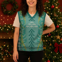 Teal Palaka Hawaii Iwa Bird Christmas Knitted V-Neck Vest Hawaiian Kakau Jade Vine Lei - Polynesian Pride