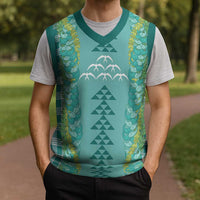 Teal Palaka Hawaii Iwa Bird Christmas Knitted V-Neck Vest Hawaiian Kakau Jade Vine Lei - Polynesian Pride