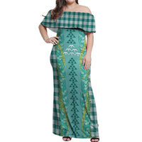 Teal Palaka Hawaii Iwa Bird Off Shoulder Maxi Dress Hawaiian Kakau Jade Vine Lei - Polynesian Pride