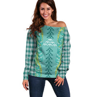 Teal Palaka Hawaii Iwa Bird Off Shoulder Sweater Hawaiian Kakau Jade Vine Lei LT14 Women Teal - Polynesian Pride