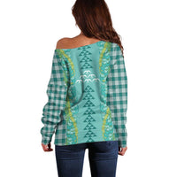 Teal Palaka Hawaii Iwa Bird Off Shoulder Sweater Hawaiian Kakau Jade Vine Lei LT14 - Polynesian Pride