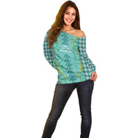 Teal Palaka Hawaii Iwa Bird Off Shoulder Sweater Hawaiian Kakau Jade Vine Lei LT14 - Polynesian Pride