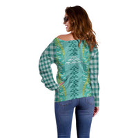 Teal Palaka Hawaii Iwa Bird Off Shoulder Sweater Hawaiian Kakau Jade Vine Lei LT14 - Polynesian Pride