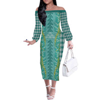 Teal Palaka Hawaii Iwa Bird Off The Shoulder Long Sleeve Dress Hawaiian Kakau Jade Vine Lei - Polynesian Pride