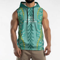 Teal Palaka Hawaii Iwa Bird Sleeveless Hoodie Hawaiian Kakau Jade Vine Lei - Polynesian Pride