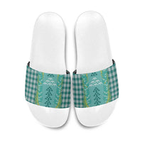 Teal Palaka Hawaii Iwa Bird Slide Sandals Hawaiian Kakau Jade Vine Lei - Polynesian Pride