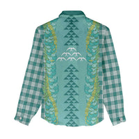 Teal Palaka Hawaii Iwa Bird Women Casual Shirt Hawaiian Kakau Jade Vine Lei - Polynesian Pride