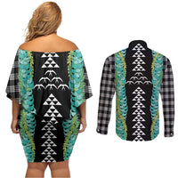 Black Palaka Hawaii Iwa Bird Couples Matching Off Shoulder Short Dress and Long Sleeve Button Shirt Hawaiian Kakau Jade Vine Lei - Polynesian Pride