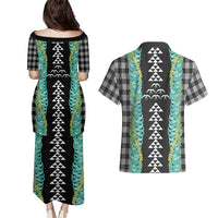 Black Palaka Hawaii Iwa Bird Couples Matching Puletasi and Hawaiian Shirt Hawaiian Kakau Jade Vine Lei - Polynesian Pride