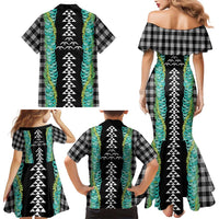 Black Palaka Hawaii Iwa Bird Family Matching Mermaid Dress and Hawaiian Shirt Hawaiian Kakau Jade Vine Lei - Polynesian Pride