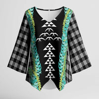 Black Palaka Hawaii Iwa Bird Kimono Sleeve Blouse Hawaiian Kakau Jade Vine Lei - Polynesian Pride