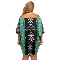 Black Palaka Hawaii Iwa Bird Off Shoulder Short Dress Hawaiian Kakau Jade Vine Lei - Polynesian Pride