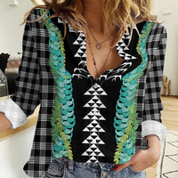 Black Palaka Hawaii Iwa Bird Women Casual Shirt Hawaiian Kakau Jade Vine Lei - Polynesian Pride