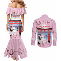 Japanese Torii Gate Cranes Personalised Couples Matching Mermaid Dress and Long Sleeve Button Shirt Fuji Mount Sakura Seigaiha Pattern LT14 - Polynesian Pride
