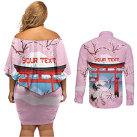 Japanese Torii Gate Cranes Personalised Couples Matching Off Shoulder Short Dress and Long Sleeve Button Shirt Fuji Mount Sakura Seigaiha Pattern LT14 - Polynesian Pride
