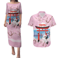 Japanese Torii Gate Cranes Personalised Couples Matching Puletasi and Hawaiian Shirt Fuji Mount Sakura Seigaiha Pattern LT14 Pink - Polynesian Pride