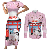 Japanese Torii Gate Cranes Personalised Couples Matching Short Sleeve Bodycon Dress and Long Sleeve Button Shirt Fuji Mount Sakura Seigaiha Pattern LT14 Pink - Polynesian Pride