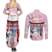 Japanese Torii Gate Cranes Personalised Couples Matching Summer Maxi Dress and Long Sleeve Button Shirt Fuji Mount Sakura Seigaiha Pattern LT14 - Polynesian Pride