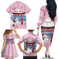 Japanese Torii Gate Cranes Personalised Family Matching Off The Shoulder Long Sleeve Dress and Hawaiian Shirt Fuji Mount Sakura Seigaiha Pattern
