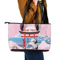 Japanese Torii Gate Cranes Personalised Leather Tote Bag Fuji Mount Sakura Seigaiha Pattern LT14 - Polynesian Pride