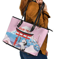 Japanese Torii Gate Cranes Personalised Leather Tote Bag Fuji Mount Sakura Seigaiha Pattern LT14 - Polynesian Pride