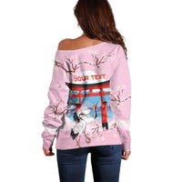 Japanese Torii Gate Cranes Personalised Off Shoulder Sweater Fuji Mount Sakura Seigaiha Pattern LT14 - Polynesian Pride